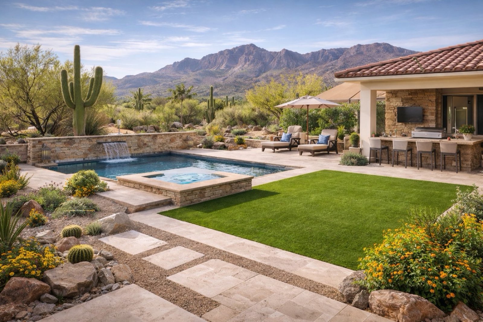 Resort style Tucson desert backyard with pool, spa, artificial turf and outdoor kitchen framed by mountains